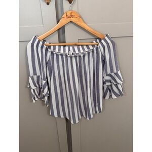 Moa Moa Womens Off The Shoulder Striped Ruffle Sleeve Blouse Navy White Small